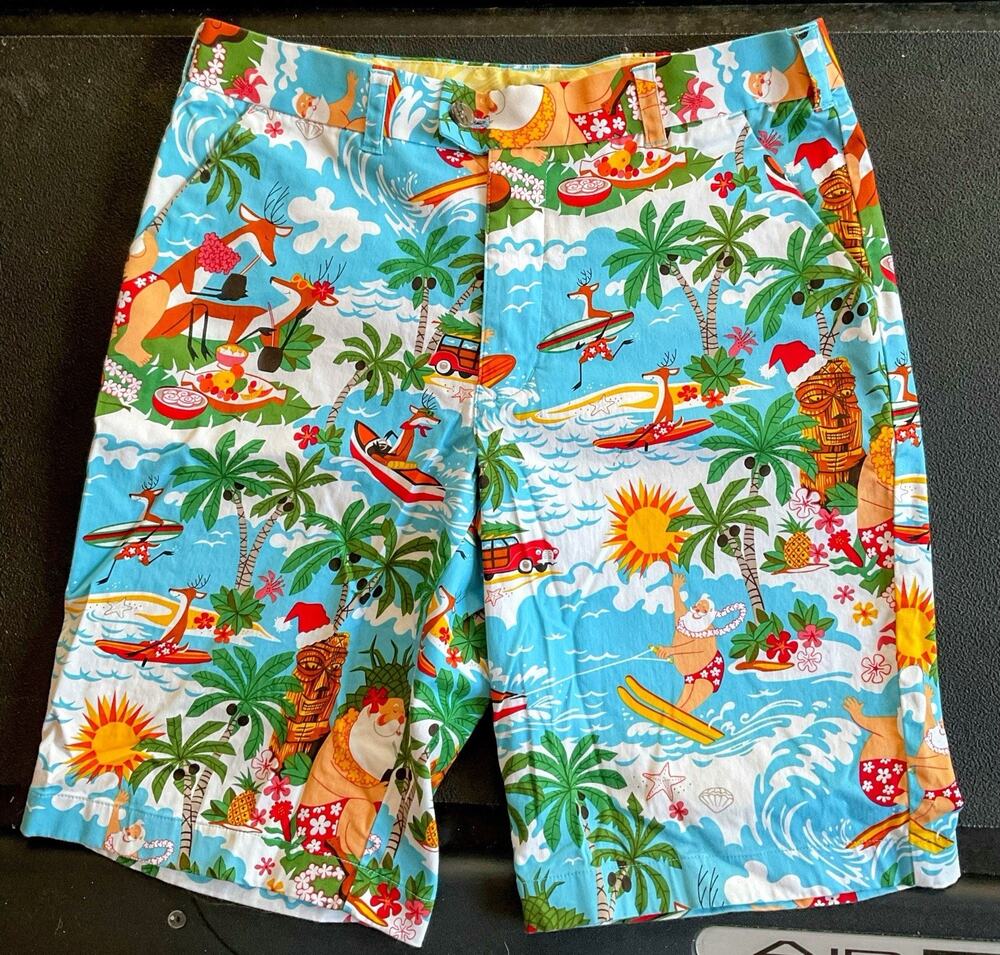 Loudmouth Golf Shorts Men’s 32” Christmas Surfing Santa Reindeers NWOT Tropical